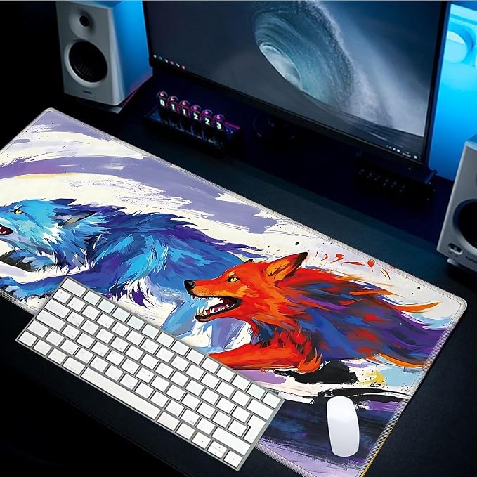 Mouse Pad Gaming Mousepad 31.5x11.8 Inch XXL Large + Coasters,Desk Mat with Stitched Edges, Non-Slip Rubber Base, Thick Mouse Pad for Computer, Laptop, Office & Home - Watercolor Wolf