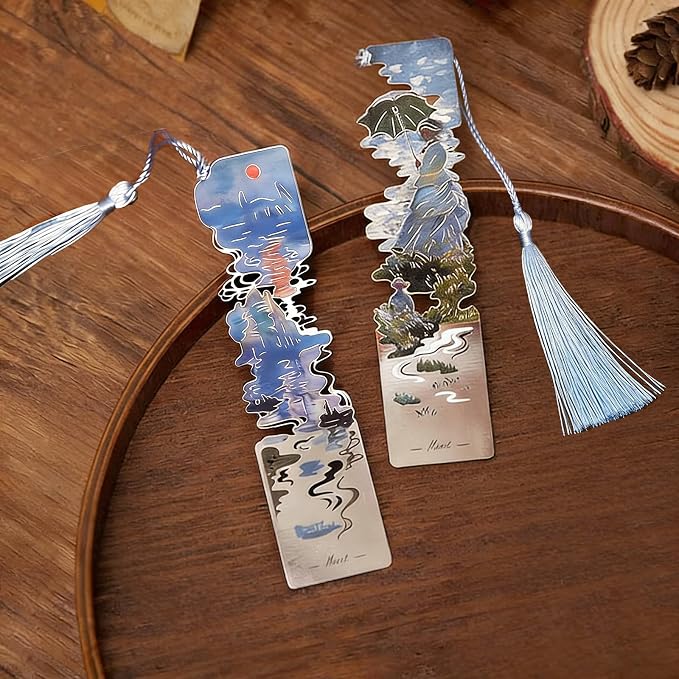 2 Pcs Metal Bookmarks with Tassel, Sliver Hollow Bookmark Oil Painting Theme Bookmark Art Bookmarks for Book Lovers Writers Readers Children Teens Men Women Adults (Woman+Sunrise)