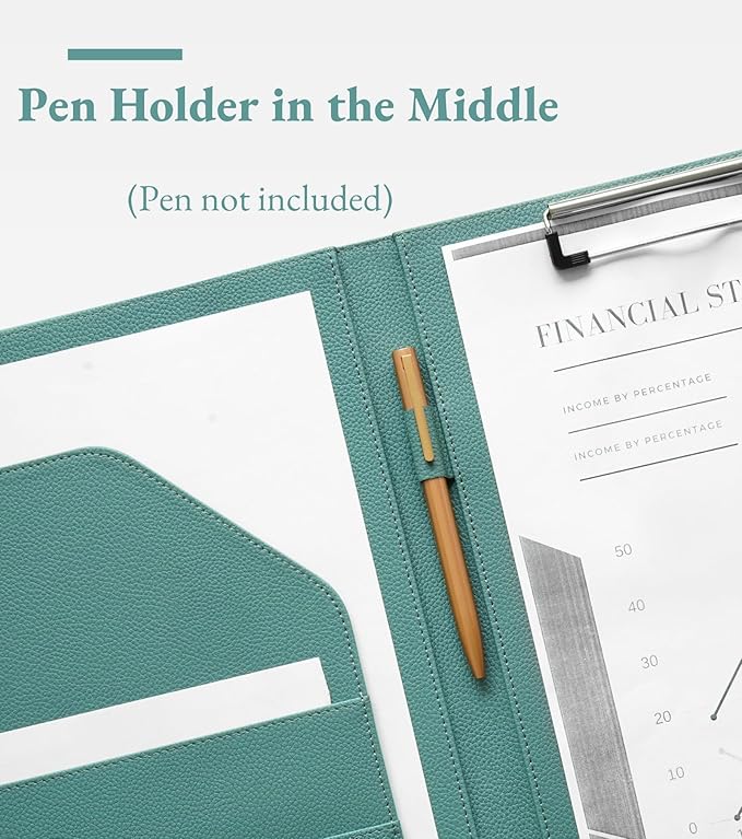 Zreal Padfolio Portfolio for Women & Men, Faux Leather Clipboard with Folder, Resume Document Folder, Legal Pad Holder Fits A4 & Letter Size for Interview, Conference (Teal Green)