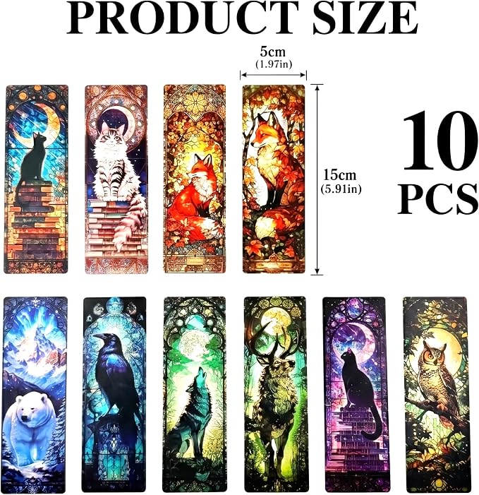 Cute Animals Bookmark Gifts - 10 Pcs Fantasy Cats Stained Glass Bookmarks for Women Book Lovers Pretty Cool Page Marks Bookish Birthday Graduation Gift School Office Reading Accessories