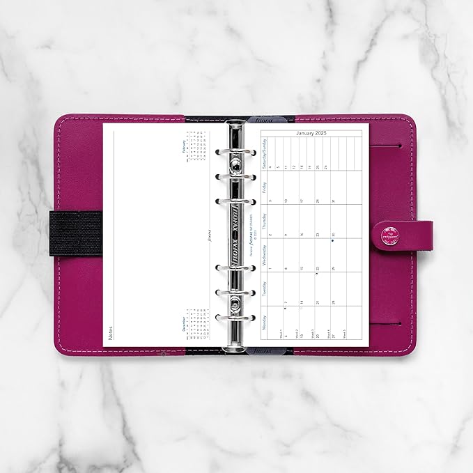 Filofax Calendar Diary Refill, Personal/Compact Size, Month on One Page with Notes, Horizontal, White Paper, English, 2025 (C68405-25)