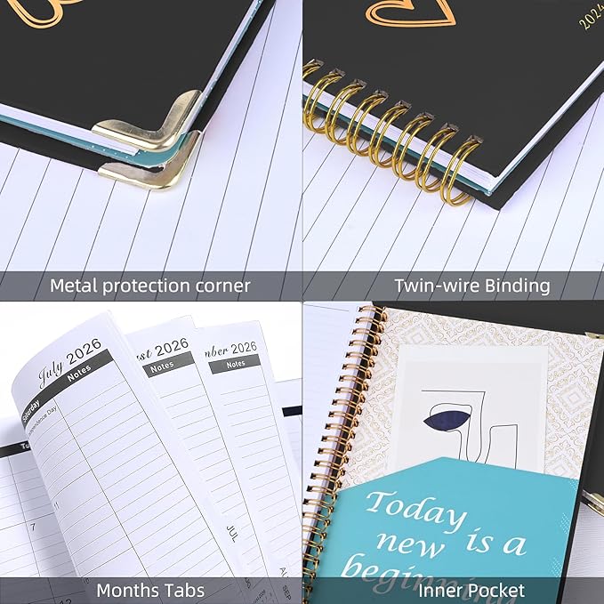 2026 Planner, Jan.2026 - Dec.2026 Weekly Monthly Planner 6.25"x8.5" with Page Tabs, Calendar Hardcover with Inner Pocket, Elastic Band, Twin-Wire Binding, Bookmark, Black Love Heart