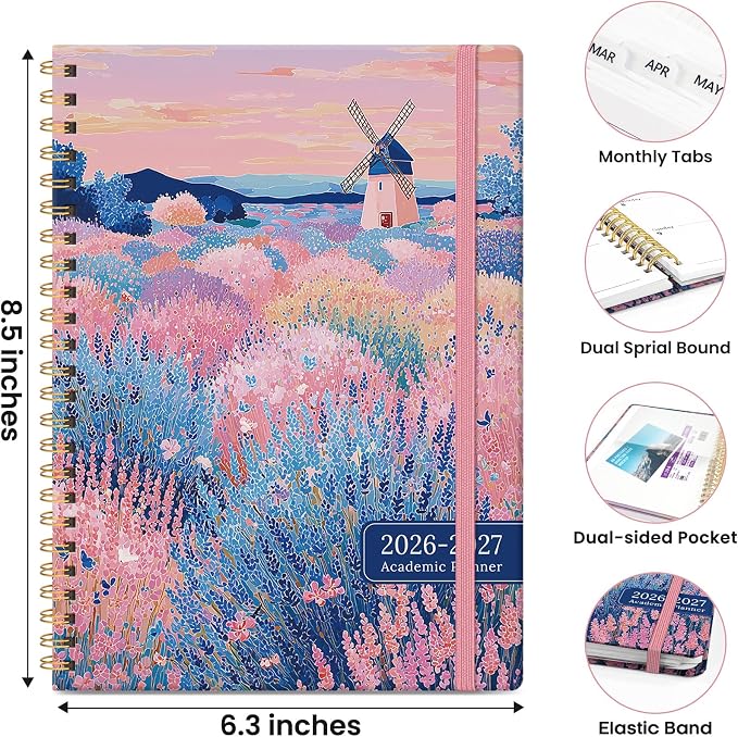 Planner 2026-2027, Monthly and Weekly Academic Planner July 2026 - June 2027, Hardcover Student Teacher Planning Agenda Calendar Book with Tabs, Perfect for Office School Supplies, A5 (6.3" x 8.5") - Windmill Fields