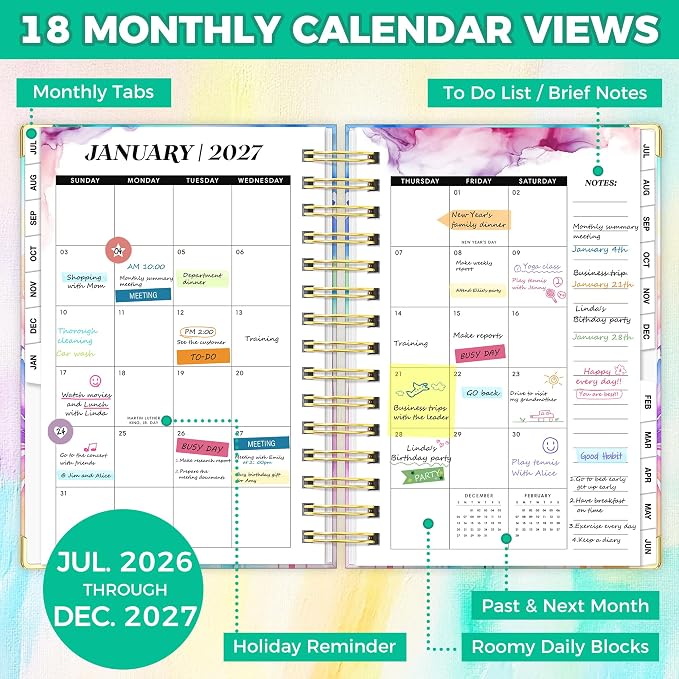 Planner 2026-2027, 18 Month Weekly and Monthly Academic Planner, July. 2026 - Dec. 2027, 6.6" x 8.3" A5 Hardcover Calendar Planner with Page Tabs, Separator Page, Inner Pocket, Bookmark, Stickers, Sticky Note Set