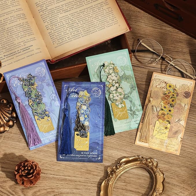 4 Pieces Bookmarks with Tassel, Golden Hollow Metal Bookmark Monet Oil Painting Theme Book Mark for Women Book Lovers Writers Readers Children Teenage Girls, (Flowers Style)