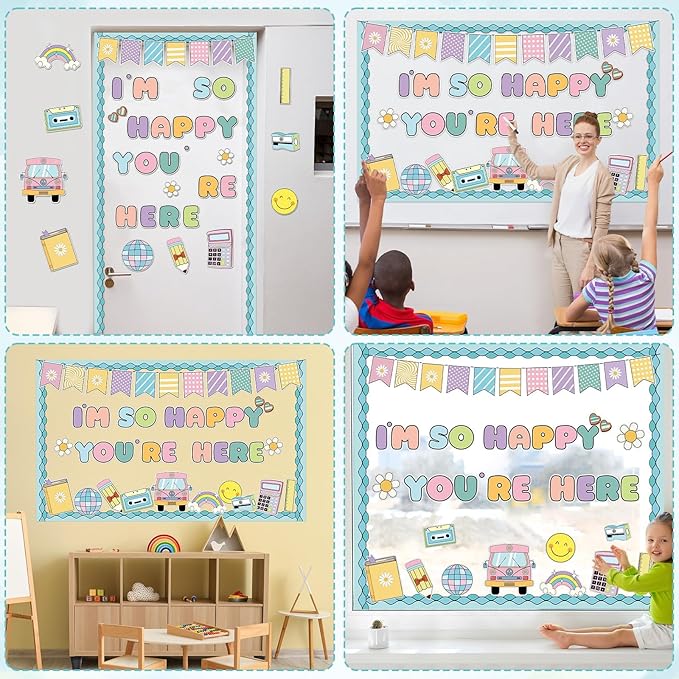 Naozinebi Groovy Back to School Bulletin Board for Classroom Decoration I'm So Happy You're Boho Retro Here Hippie Bulletin Board Set Rainbow Cutouts Daisy DIY Photo for Chalkboard Wall Teacher Decor