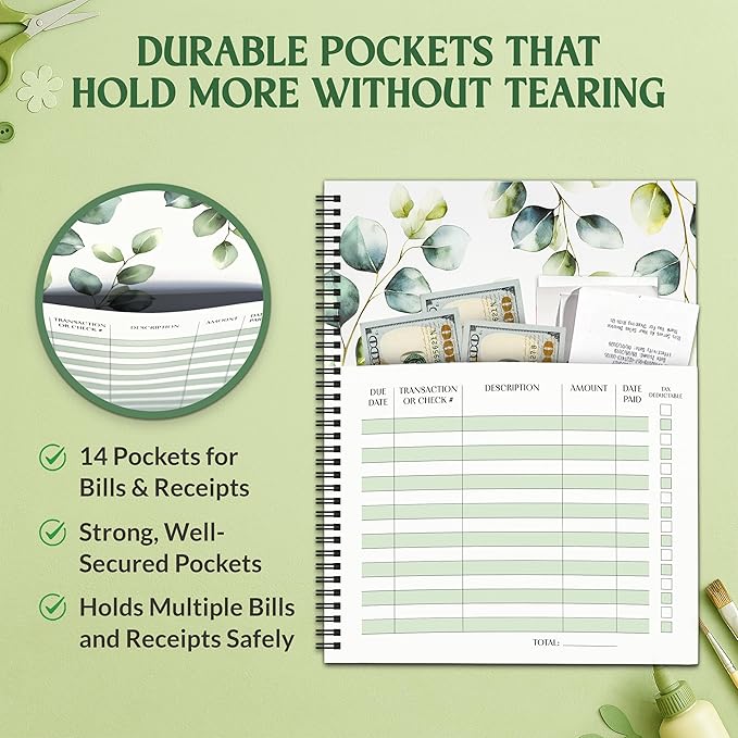 Decorably 14 Pocket Pages Undated Eucalyptus Bill Payment Tracker Monthly Organizer, 9x12in Spring-Bound, with Notes and Stickers for Listing Payments, Expenses and Receipts - Home, Work