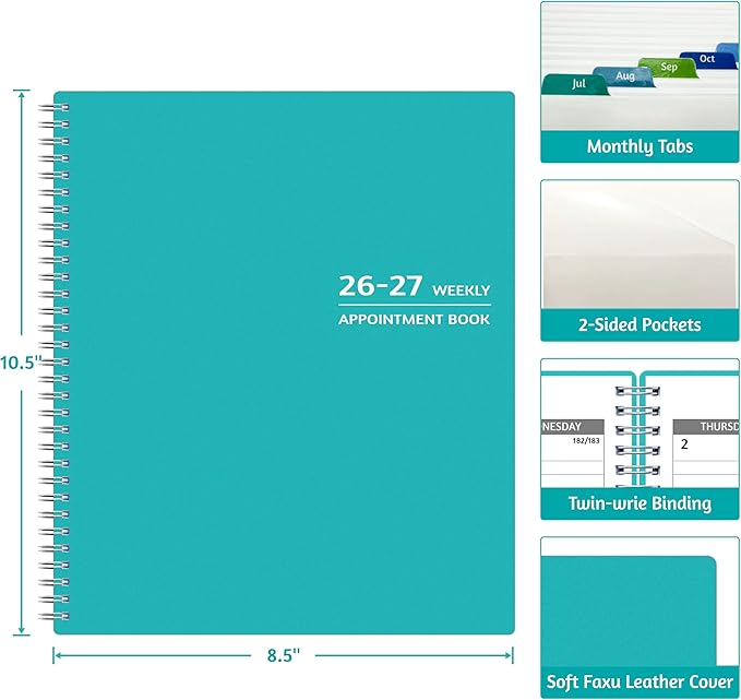 Appointment Book 2026-2027 - Appointment Planner with Weekly ＆ Monthly Spread, Jul 2026 - Jun 2027, 8.5’’ x 10.5’’, Large, 15 Minute Increments, 2026-2027 Daily Planner with Pockets, Tabs, thick paper