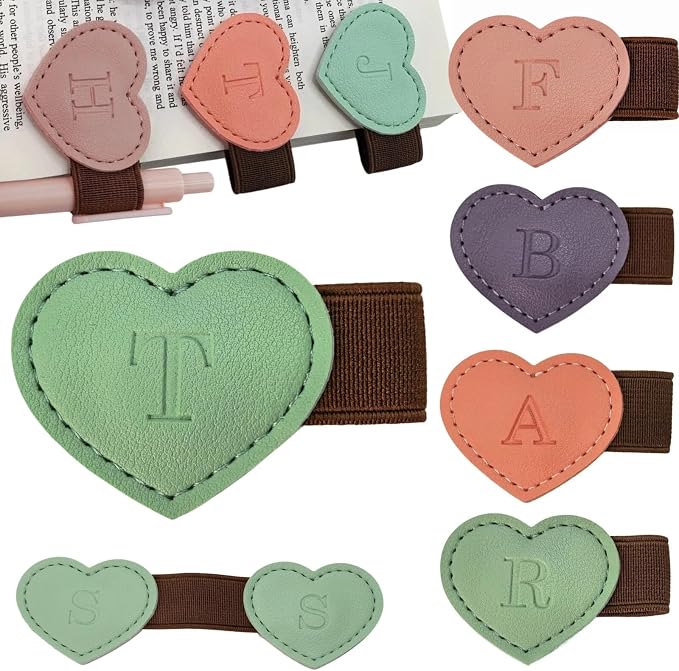 Personalized Magnetic Leather Heart Bookmark with Pen Holder - 26 Letters Custom Book Mark Notebook Pencil Loop with Initial Book Marker for Readers, Book Lovers- Gifts for Women Men(Green,T)