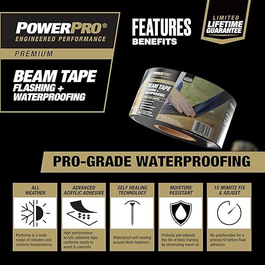 Power Pro Premium Exterior Deck Beam Flashing Tape for Decking, 4" x 50', All-Weather and Waterproof for Deck Protection, 1 Roll