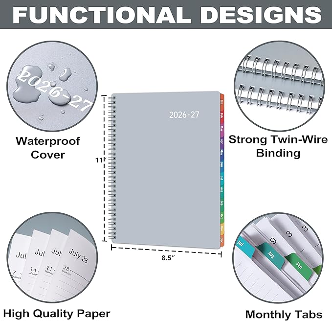 Planner 2026-2027 – 2026-2027 Planner Weekly and Monthly, 9" x 11", Large, July 2026 – June 2027, 12 Monthly Tabs, Strong Twin-Wire Binding, Inner Pocket, Hardcover, Grey