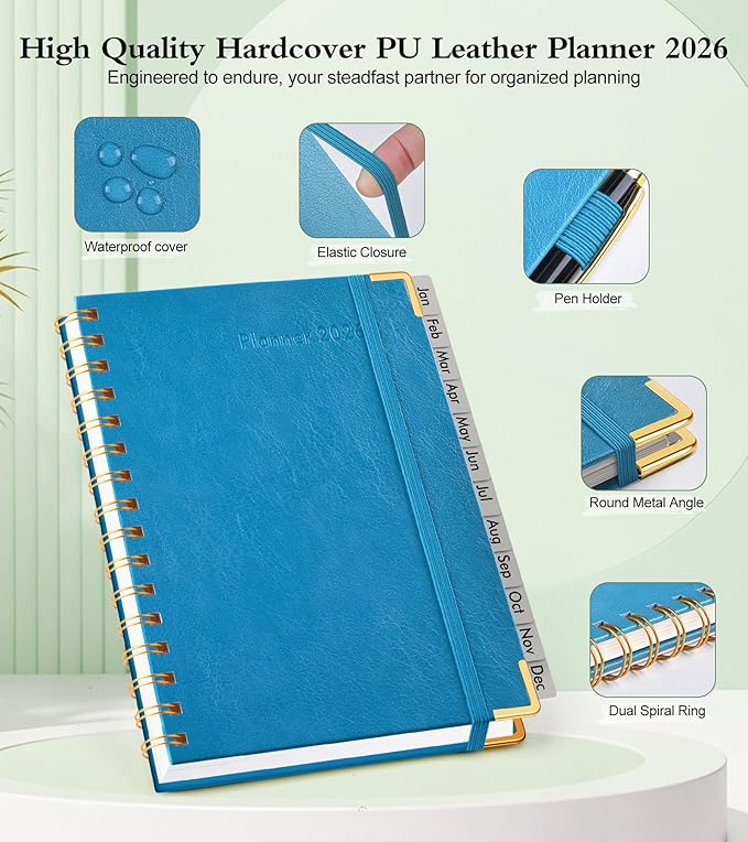2026 Planner, Hardcover Leather Weekly and Monthly Planner, January 2026 - December 2026, Spiral Yearly Agenda Organizer Book 2026 with Tabs, Daily Calendar Planners for School Work Home, A5 (5.75" x 8.38"), Pacific Green