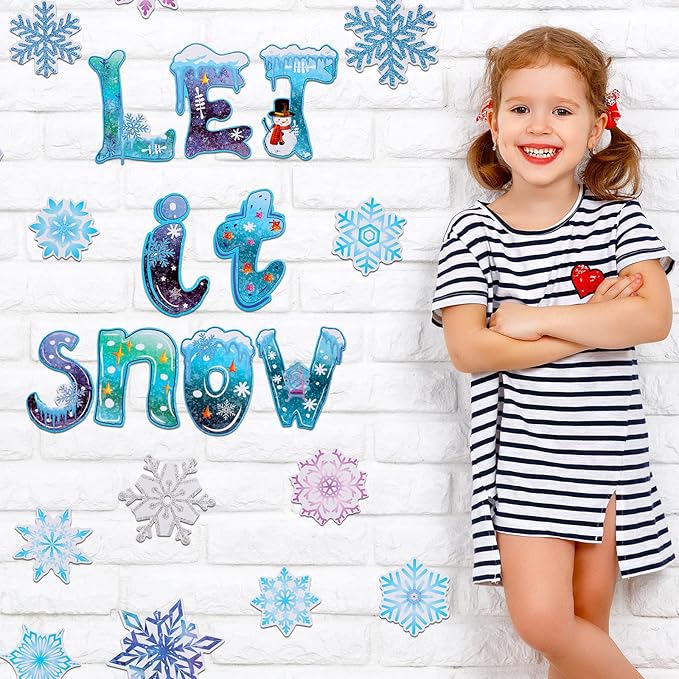 68 Pieces Winter Classroom Bulletin Border Decoration Christmas Snowflake Cutouts Let It Snow Cutouts Winter Classroom Decoration Holiday Bulletin Border for Christmas Classroom Home Decor (Snowflake)