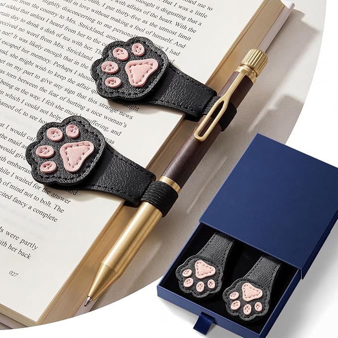 2Pcs Magnetic Bookmarks with Gift Box Magnetic Pen Holder for Notebook Cat Book Marks Clip Gift for Book Lover Readers Cute PU Leather Bookmark for Women, Paw (Black+Black)