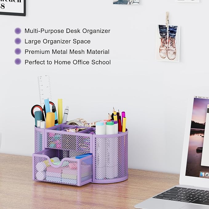 EasyPAG Mesh Pen Holder Desk Organizer with Drawer Stationery Supplies Organizer for Dorm School 9 Compartments Workspace Desk Accessories Organization for Office, Light Purple