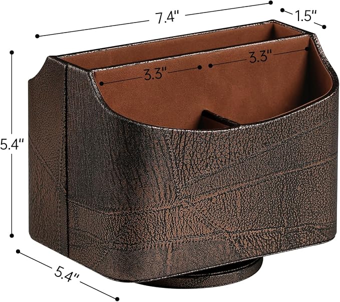 PU Leather Remote Control Holder, 360 Degree Rotating Desk Organizer Luxury Desktop Storage Rack, Rotating Bedside Storage Box for Desktop Office Living Room Bedroom (Brown Vintage)