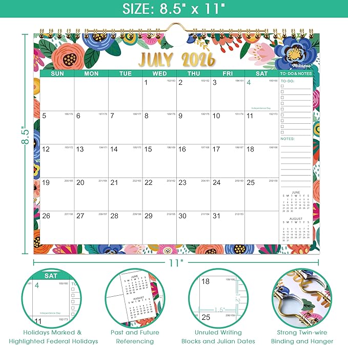 Calendar 2026-2027 - Wall Calendar 2026-2027, July 2026 to December 2027, 11" x 8.5", 26-27 Calendar 18 Monthly with Thick Paper + Julian Date - Floral
