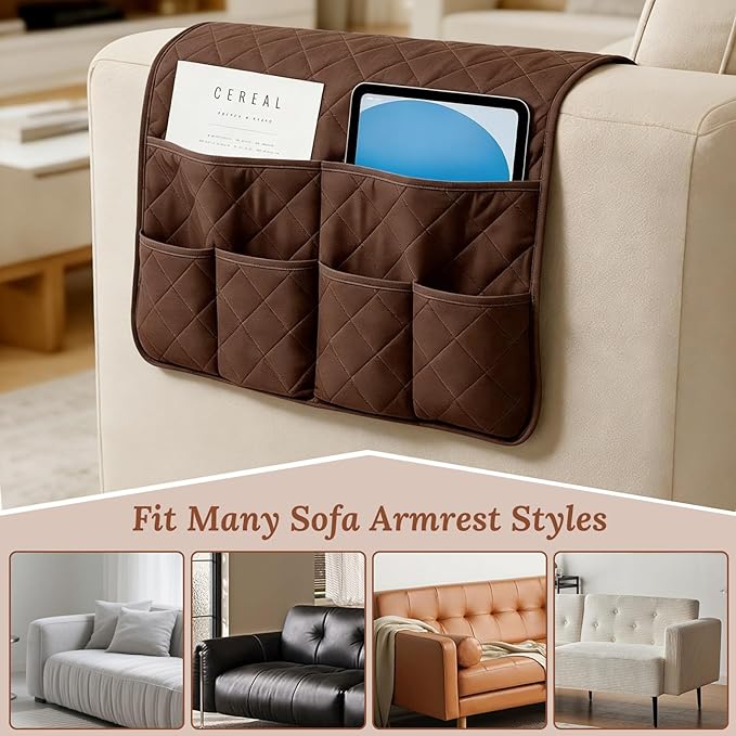 Sofa Armrest Organizer with 6 Pockets, Remote Control Holder for Recliner, Non-Slip Couch Sofa Chair Armrest Organizer, Armchair Caddy Bedside Storage for Magazine Book TV Phone iPad Tablet (Coffee)