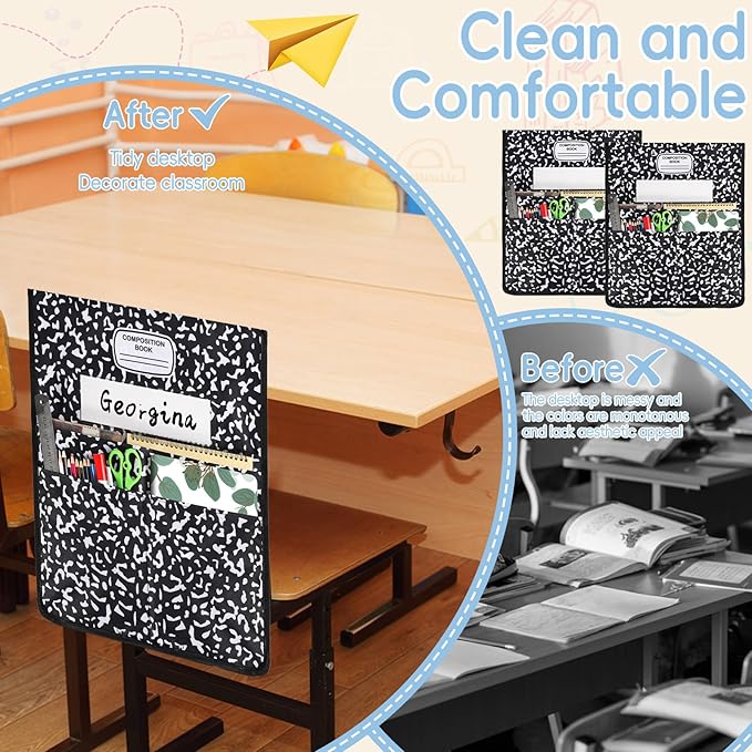 24Pcs Composition Chair Pockets for Classroom Composition Chair Back Buddy Pocket with Name Tags 17x20In Chairs Organizer 3 Pockets Seat Storage Pocket for School Classroom Daycare Home Supplies