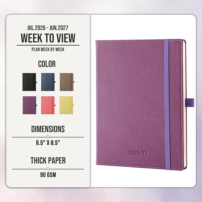 Weekly Planner 2026-2027 A5 (6.5" x 8.5") 12 Months (Jul'26 - Jun'27) Weekly & Monthly Planner with Month Tabs & Inner Pocket, Expenses/Note Pages, PU Leather Purple