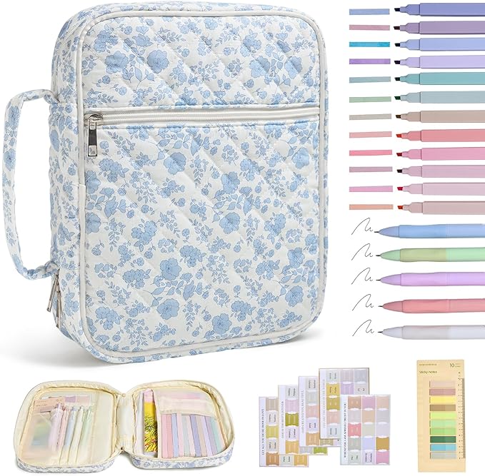 Bible Cover Case for Women Large Bible Cover with Durable Handle Quilted Bible Carrying Case for Girls Bible Study Supplies Accessories (Blue Flower, Blue Flower)