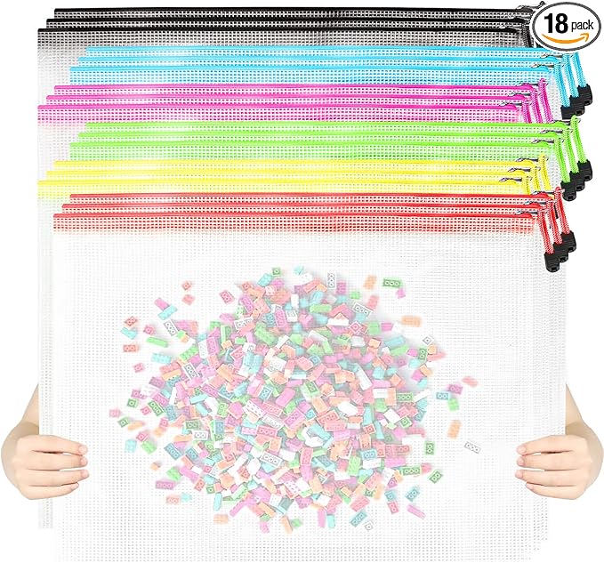 AOGELI 18pcs Mesh Zipper Pouch Bags, A3 16.5x12.3in Large Reusable Waterproof Plastic File Bags for Board Game Puzzle Storage, Organizing Office Supplies Travel Projects (6 Colors)