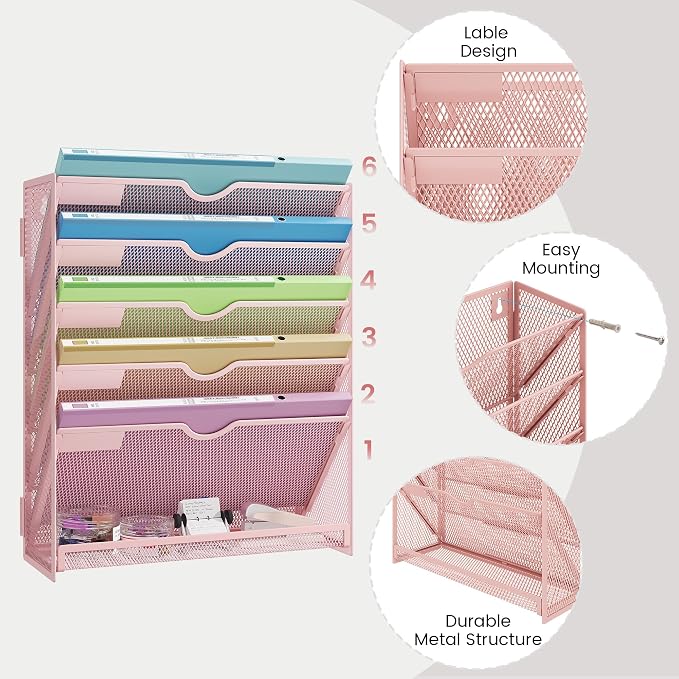 Pink Desk Organizer, Hanging Wall File Organizer with 6 Tiers, Metal Mesh Magazine & Mail Holder for Office Desk, Wall Mount Document Organizer for Home Decor