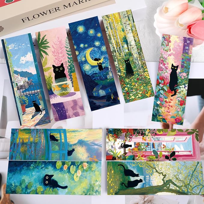 Black Cat Bookmarks Gifts - 60 Pcs Floral Animal Bookmarks Paper Cute Flower Cat Painting Book Mark Page Markers Clip Gift for Book Lover Women Men Student Classroom Teachers Bookish Reading
