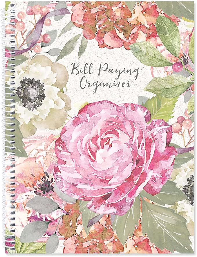 Current Pale Peony Paying Organizer Book - 9" x 12” Personal Account Book, Spiral Bound, 14 Storage Pockets, 32 Label Stickers, Monthly Finance & Payment Management Tracker for Home & Office
