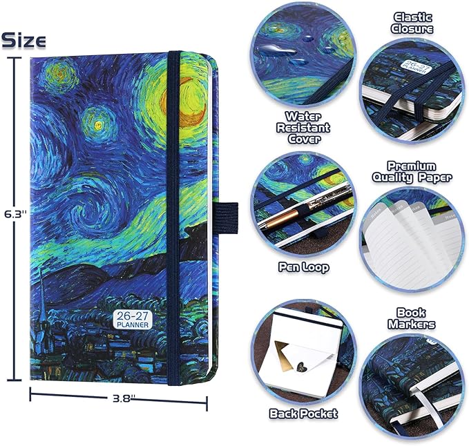 2026-2027 Pocket Planner/Calendar - 2026-2027 Calendar Weekly and Monthly from July 2026 - June 2027 with Spreads, 3.8" x 6.3", Pen Holder, Inner Pocket, Elastic Closure