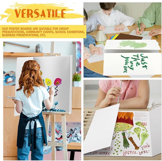 4 Pcs Trifold Poster Board, White Presentation Board Comes with Cardstock & Sticky Dots, Corrugated Display Board for School exhibitions, Business Presentations, 26 x 17 in