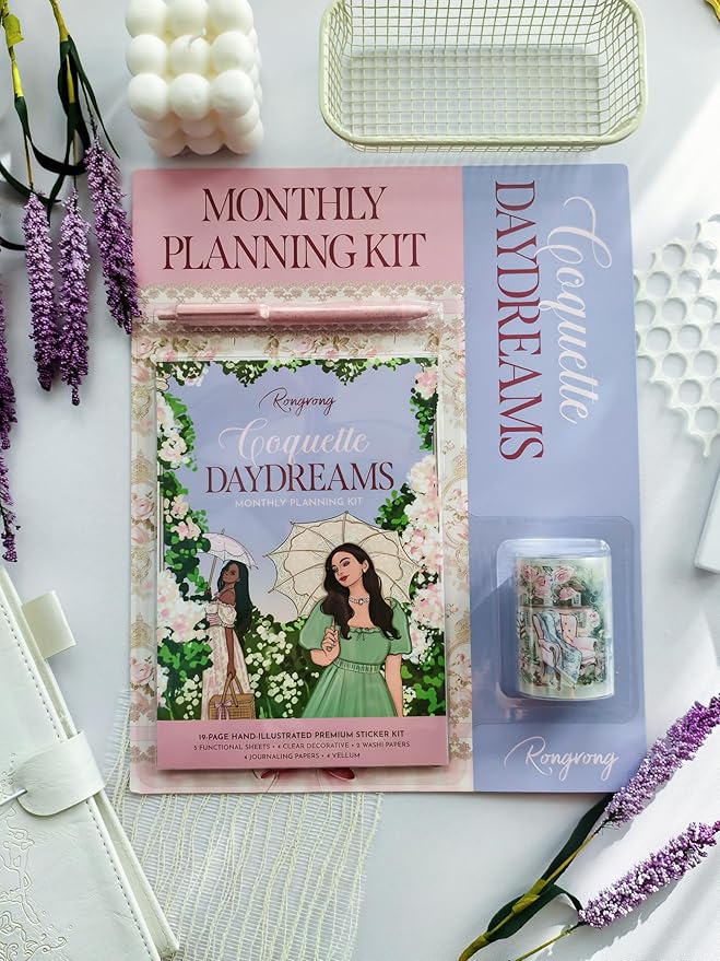 Coquette Dreams Monthly Planning Kit Bundle – Romantic Planner Kit with Functional & Decorative Pages, Vellum, Scrapbooking Papers, PET Tape 3.0 & Pen for Journaling & Feminine Planning