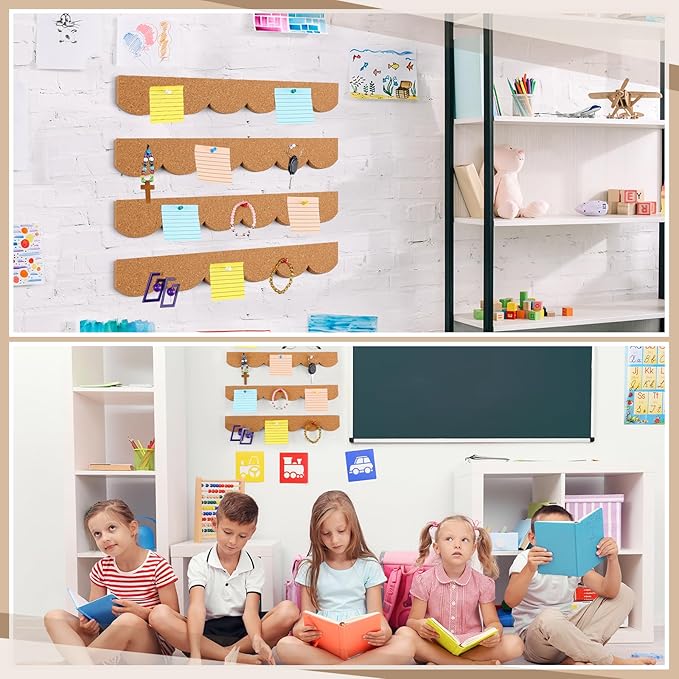 CroBlissful 4 Pcs Cork Strips Bulletin Bar Strip for Wall 14. 5 x 2 Inch Frameless Cork Board Strips with 50 Push Pins, Self Adhesive Backing, for Classroom Office Home Cubicle(Scalloped Style)