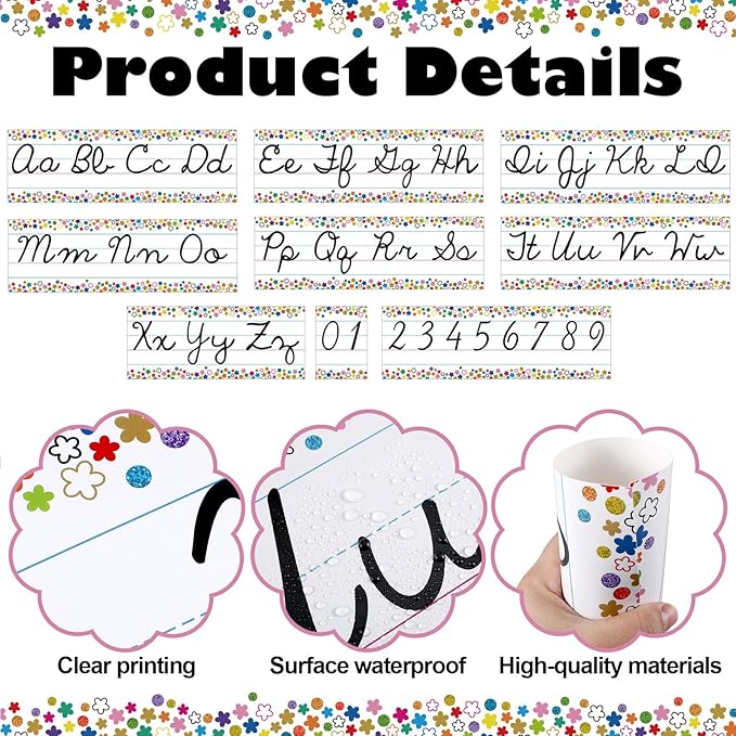 Set of 9 Confetti Cursive Writing Bulletin Board Colorful Cursive Alphabet Wall Strip for Teacher Supplies, Classroom Teaching Tool, Homeschooling, Kids Education