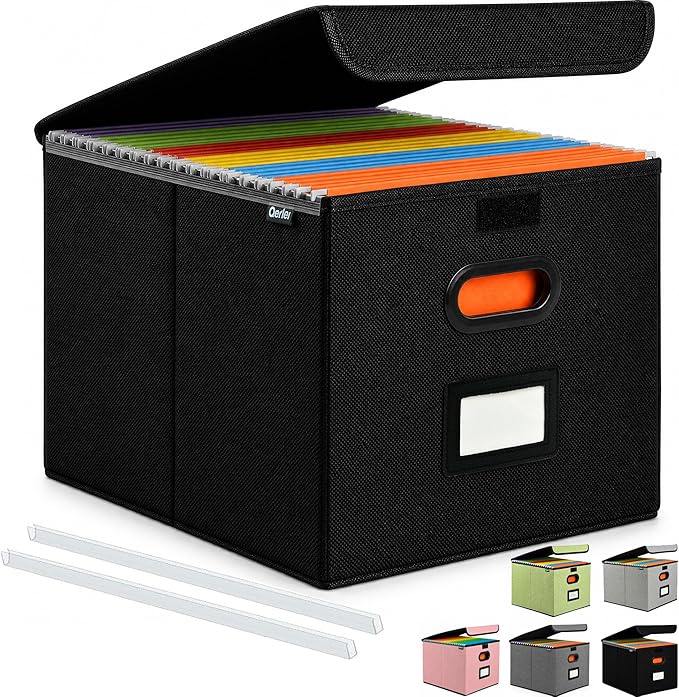 Qerlei File Organizer Boxes with Lids,Collapsible File Folder Organizer with Plastic Slide,Collapsible Filing & Storage Boxes for Office/Decor/Home (Black, 1 Pack)