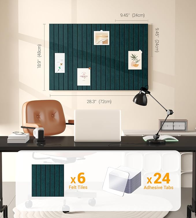1/2" Thick Cork Board for Office, 6 Pack Felt Wall Tiles -28"x18" with Safe Adhesive Tabs, Large Bulletin Board, Push Pin Board Organizer Wall - Forest Green
