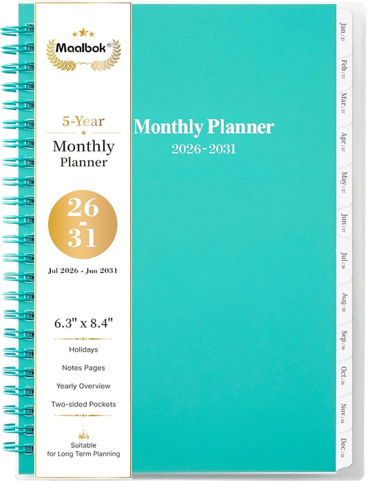 2026-2031 Monthly Planner/Calendar - Jul 2026 - Jun 2031, 5 Year Monthly Planner with Tabs, 6.4" x 8.5", 60 Monthly Planner, Two-Side Pocket, 9 Notes Pages, Suitable for Long-Term Planning - Green