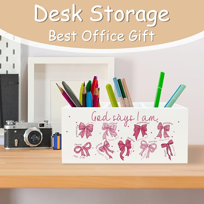 Inspirational Christian Pen Holder for Office Desk Decor, Pink Bow Bible Verse God Say I Am Wooden Pencil Holder Sign Organizer for Home Office Desk Accessories, Christian Gifts for Women Men