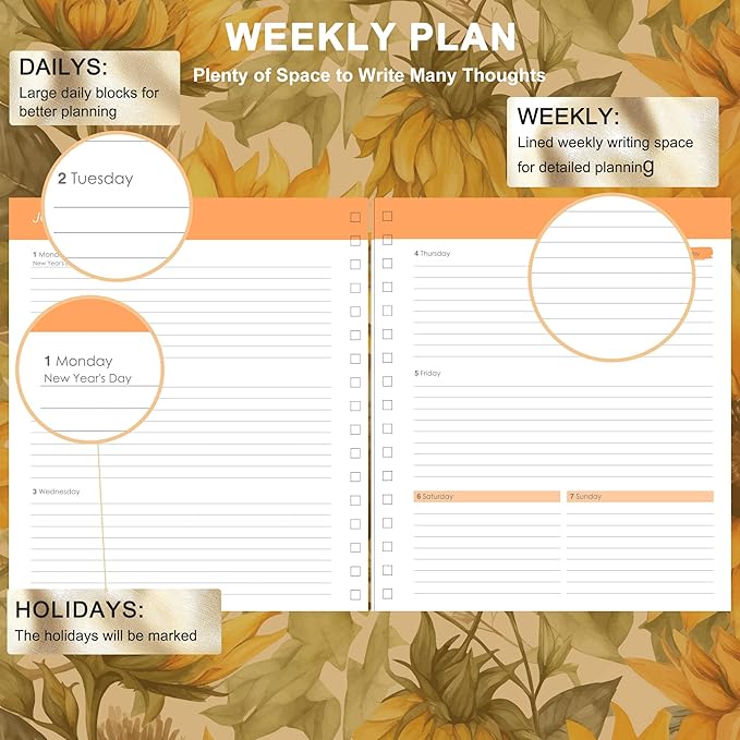 CAGIE 2026 Planner Weekly and Monthly — January - December 2026 Calendar, Hardcover Spiral Bound, 13 Monthly Dividers Tabs, Stickers, 8.3 x 9.3 Inch, Women Sunflower Planner Agenda For Work, Family Affiar, Personal