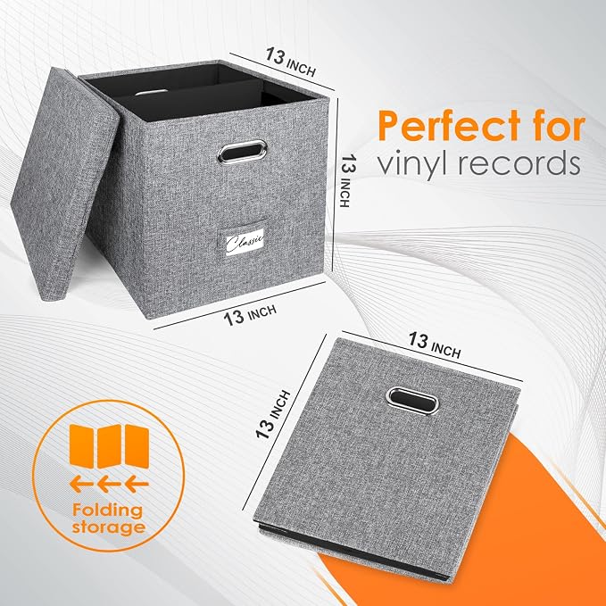 Vinyl Record Storage Box for 50+ Single LPs (12-Inch), Stackable Albums Linen Crate with Lid, Collapsible Play Music Collection Holder, Document File Folder Cabinet Organizer Case with Handle