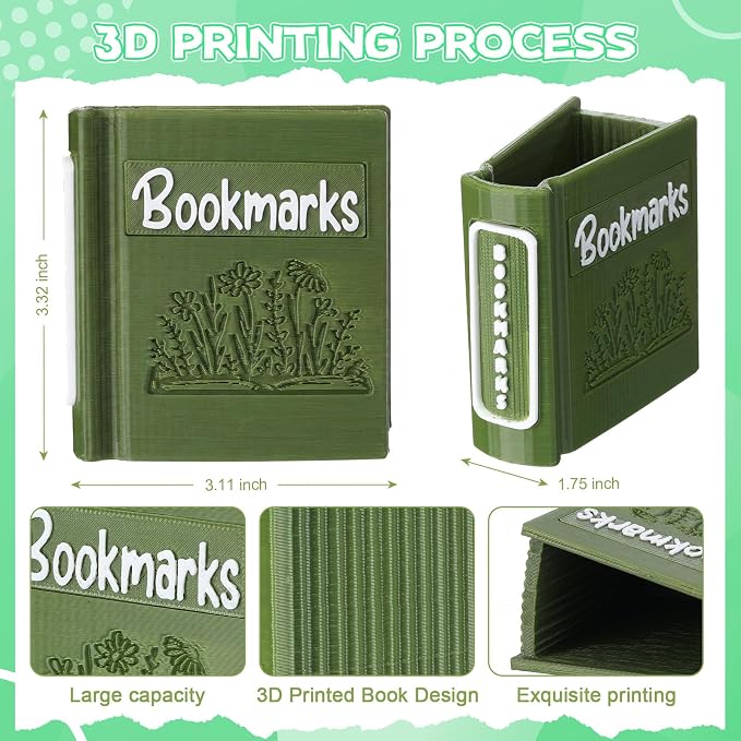 Resurhang 3D Printed Book Shaped Bookmark Holder, Book Lover Gift, Bookish Accessory Office Desk Supplies End of Year Gift for Librarian Bookworm Teacher Women(Green)