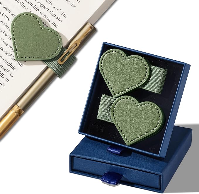 2Pcs Magnetic Leather Bookmarks with Gift Box Heart-Shaped Magnetic Pen Holder Book Marks Clip Gift for Book Lover Readers Cute Bookmark for Women, Green