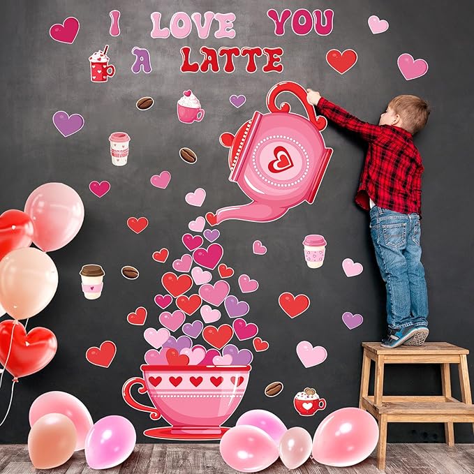 Epakh Valentines Bulletin Board Decorations Set Heart Paper Cutouts Pink Red Love Cardboard Cutouts I Love You a Latte Coffee Classroom Decorations for Door Chalkboard Wall School Party Supplies