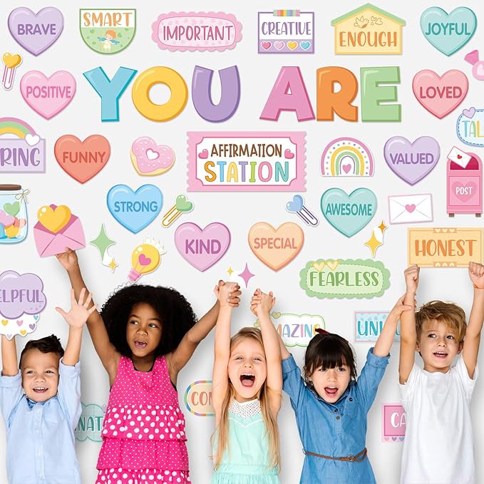 45pcs Candy Affirmation Station Bulletin Board Set Motivational Posters Classroom Mirror Growth Mindset Decor Positive Affirmations Accents Cutouts for School Office Home Teacher Wall