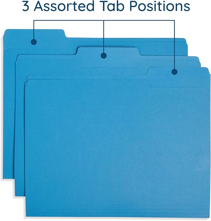 Blue Summit Supplies Blue File Folders - Letter Size, 1/3 Cut Tabs, Durable 11pt Paper, Uncoated Blue Paper, Colorful Folders for Office & Home Organization