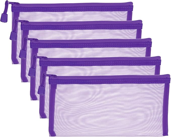 PATIKIL B6 Mesh Zipper Pouch Bags, 5 PCS Mesh Bags with Zipper Plastic Storage Pocket for Organizing File Beads Office Home Supplies, 11.5x23cm, Purple