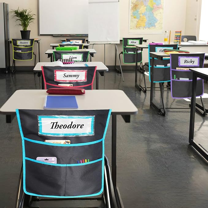 12 Pack Black Chair Pockets for Classrooms, Chair Pocket with 3 Heavy Duty Storage Pocket, Chair Back Buddy Pocket with Name Tag Slot, Ideal Back to School Supplies, Classroom Must Haves (Multicolor)