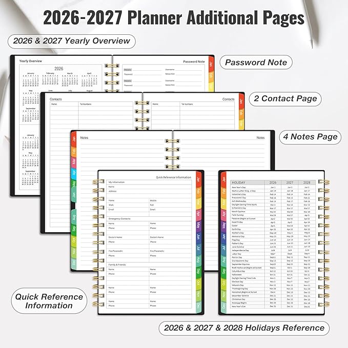 Daily Planner 2026-2027, 18 Month Planner with Tabs, January 2026 - June 2027 Weekly and Monthly Agenda Year Calendar Spiral Time Management, 100GSM Thick Paper, Twin-Wire Binding, A5 Size, Black
