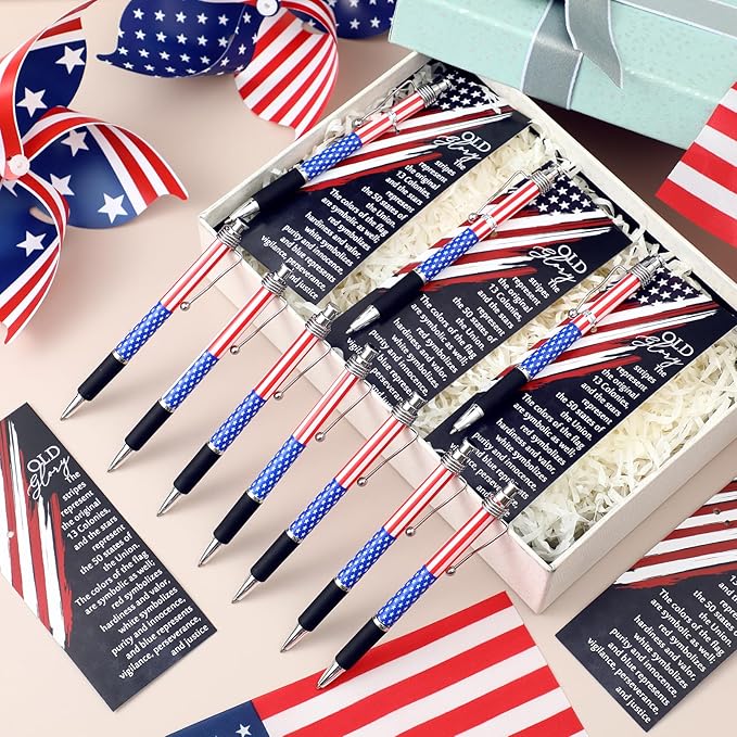 Motiskyy 50 Sets American Flag Ballpoint Pens Bulk USA Patriotic Themed Black Ink Retractable Pen Stars Stripes Bookmarks Stationery 250th Anniversary Souvenirs for Veterans Home Office Army