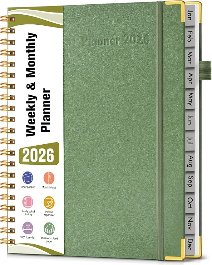 2026 Planner, Hardcover Leather Weekly and Monthly Planner, January 2026 - December 2026, Spiral Yearly Agenda Organizer Book 2026 with Tabs, Daily Calendar Planners for School Work Home, A4 (8.5" x 11"), Green